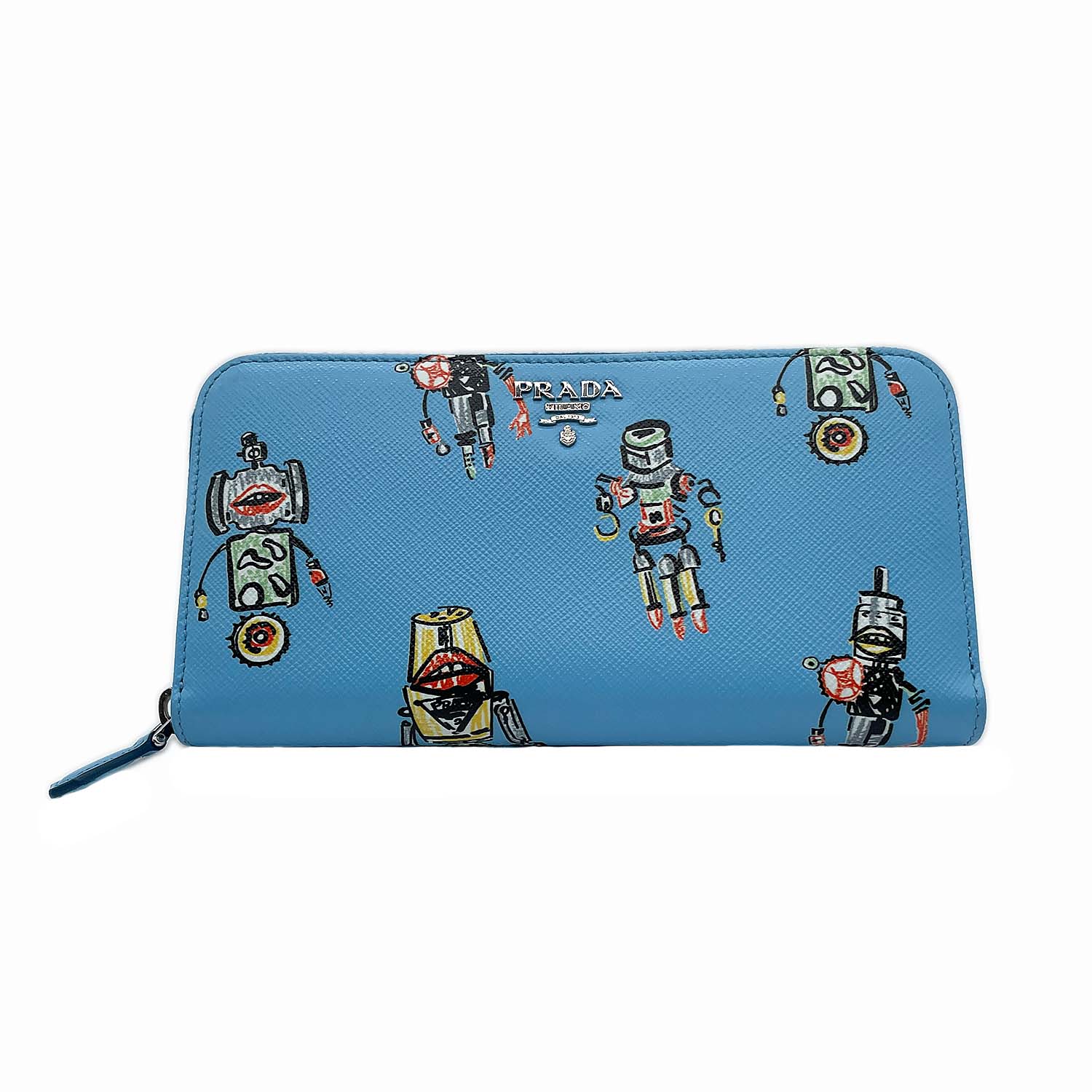 PRADA プラダ ラウンドファスナー長財布 1ML506 ロボット柄 ブルー KA-053 【中古】