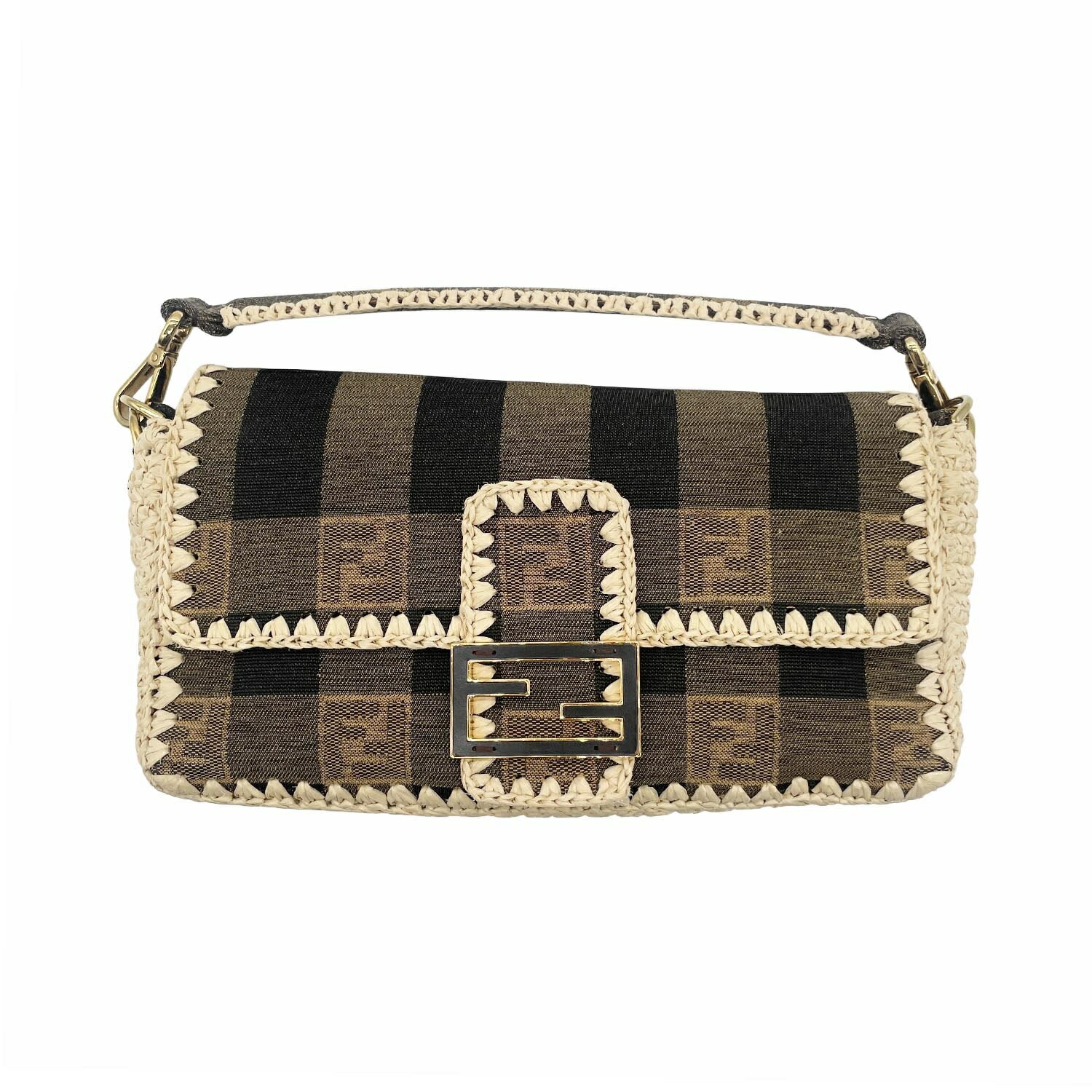 FENDI - FENDI フェンディ マンマバゲット 2WAY ハンドバッグ ジャガード ペカン柄 ブラウン フラップ ショルダースト付 【中古】