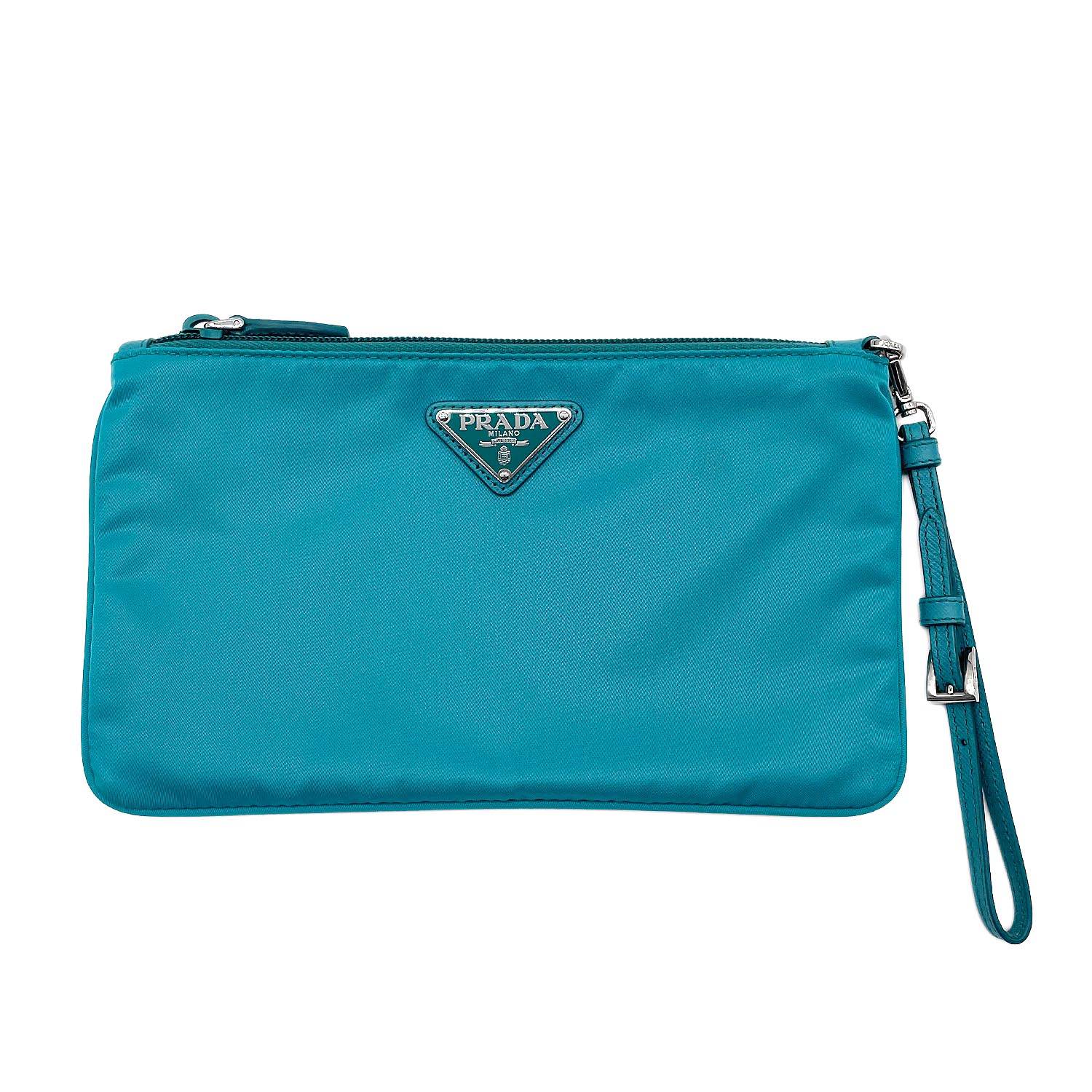 Other - PRADA プラダ トライアングルロゴ ポーチ ストラップ付 三角プレート 1NH545 ナイロン レザー ブルー レディース 【中古】