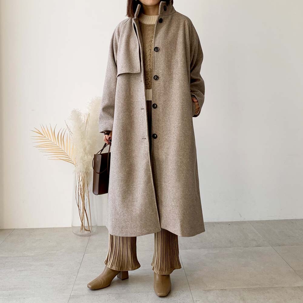 コート ロングコート トレンチ モカ アイボリー ホワイト ベージュ 茶色 厚手 生地 暖か 防寒 長い丈　ロングジャケット　アウター　レディース　ボタン　縦えり　メルトン　暖かいアウター