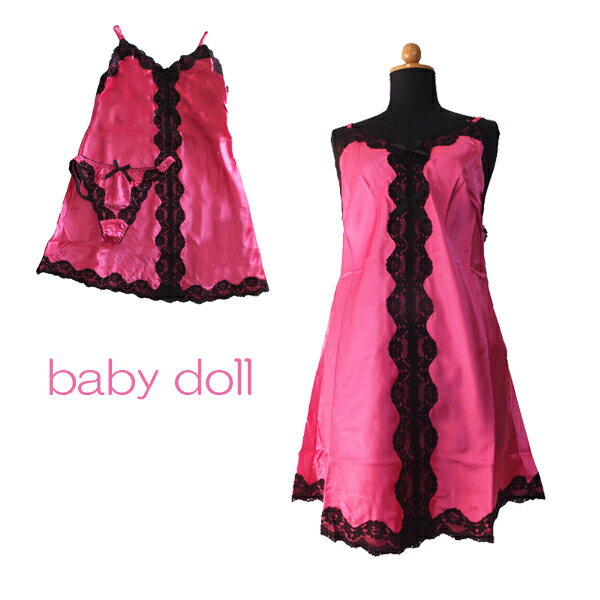 Rakuten - ベイビードール baby doll サテン ツルツル生地 さらさら ピンクブラックレース ショーツセット 2点 Tバックショーツ 濃いピンク pink　スリップ　自分用ナイトウエア