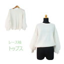 ブラウス レディース ニットパフスリーブ レース おーがんじー ふんわり ブラウス トップス レディーストップス ホワイト 長袖 丸首 チュニックブラウス 白 ...