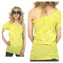 チェック柄 Tシャツ レディース 半袖 パフスリーブトップス レディーストップス レディースカットソー ワンショル ワンショルダー マスタード からし色 夏 オ...