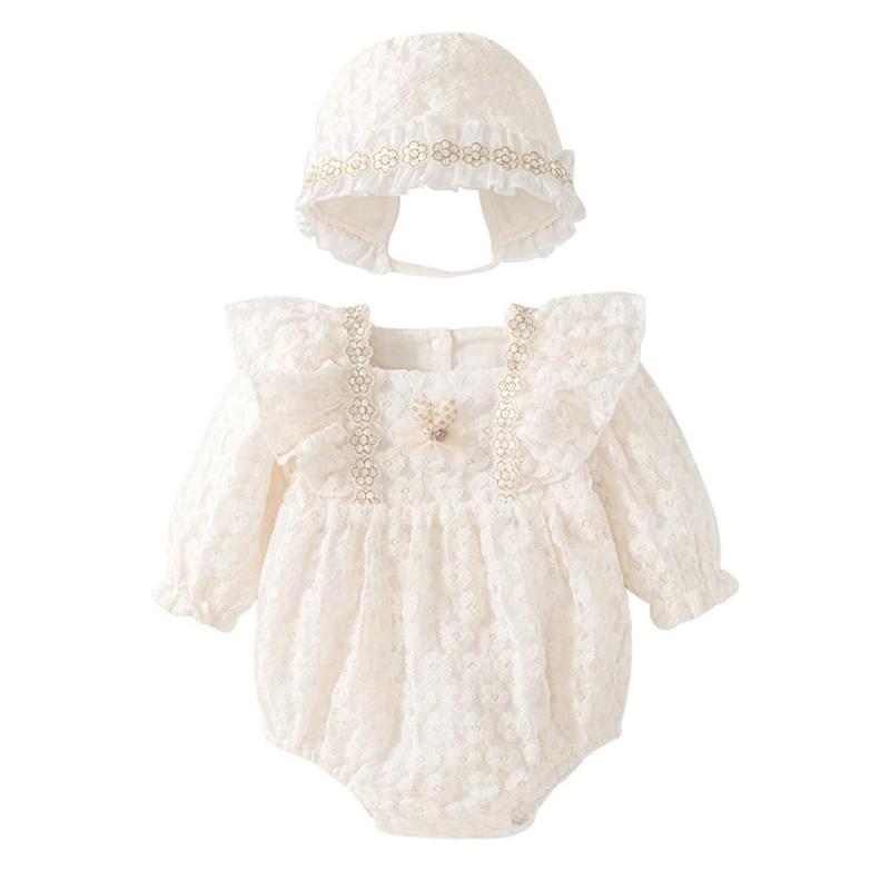 [Baby koi] ベビー服春秋服長袖ボディースーツ帽子付き女の子新生児赤ちゃん出産準備贈り物高級フリルベージュ