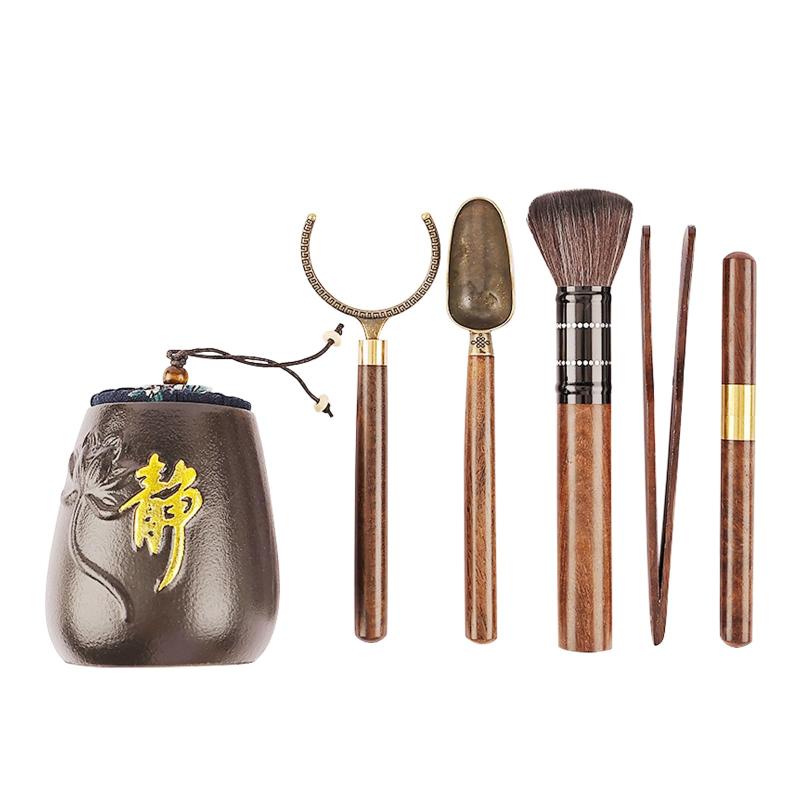 Rakuten - 中国茶の真髄を味わう 6 点セット茶道具 檀木と銅製の六君子（茶匙・茶針・茶挟・カップフォーク・茶ブラシ・茶葉罐） 家庭用ティー用品の逸品