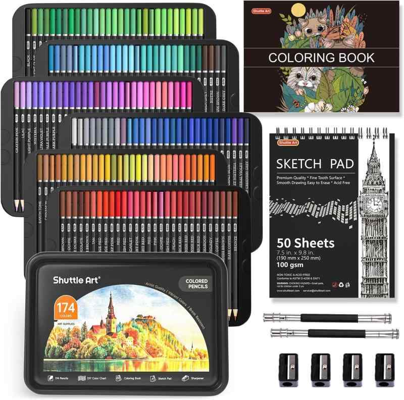 オーロラビジョンのShuttle Art 色鉛筆 油性色鉛筆 カラーペンセット 大人の塗り絵 メタリック色 鉛筆削り イラスト デザイン デッサン 落書き 缶入 収納便利 おしゃれ 子供用 初心者 アーティスト 入学お祝い プ｜アングル2