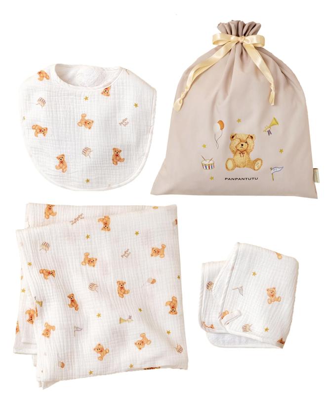 [パンパンチュチュ] ガーゼおくるみ4点ギフトセット 赤ちゃん ベビー 新生児 ギフト 出産祝い プレゼント 誕生日 ママ おくるみ ビブ スタイ よだれかけ ハンカチ