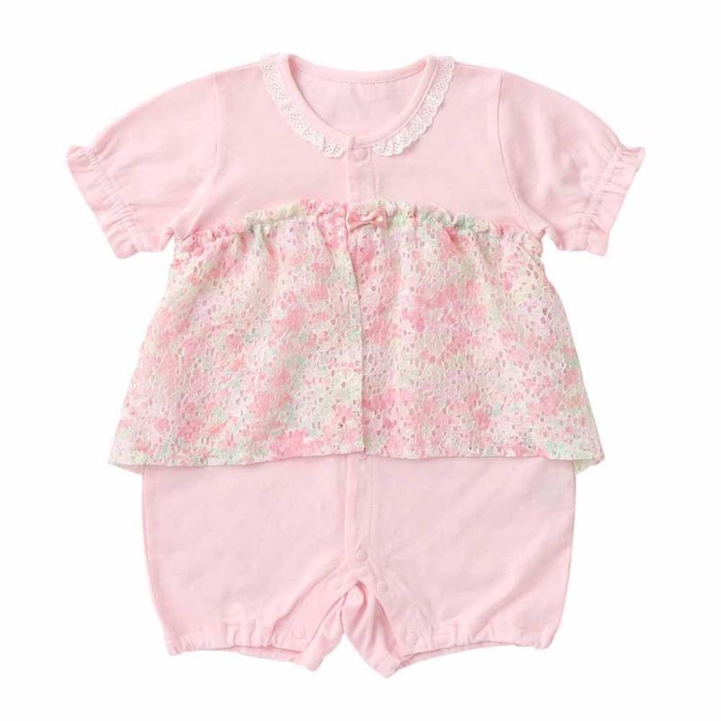 [クリーム デ ココ] 日本製 春夏 ふんわりレースプリントのスカート付き ショートオール 天竺水玉ジャガード 涼しい 春 夏 かわいい カバーオール 新生児 赤ちゃん ベビー服 おしゃれ ベビ