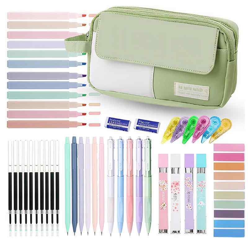 LilyBeauty 42個 大容量鉛筆ポーチ 美学用品付き 蛍光ペン12本 ブラックインクゲルペン5本 シャープペンシル6本セット 0.5mm & 0.7mm 付箋 文房具セット 学生用 auroravision-10173915 オーロラビジョン パッケージ画像