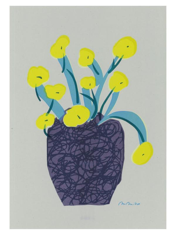 アートポスター リソポス まちだ美穂 フラワー1 黄 B4サイズ 25.7cm×H36.4cmリソグラフ印刷で作られたポスターです。一色ずつ印刷されているため、色の重なりやズレ、かすれなどがあり、版画のような味わいがあります。