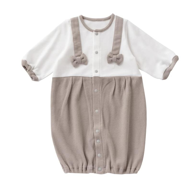 [クリーム デ ココ] コットン ワッフル リボン ツーウェイオール [股スナップ付け替え/2way] 新生児 赤ちゃん 日本製 50-60cm [ 春夏秋..