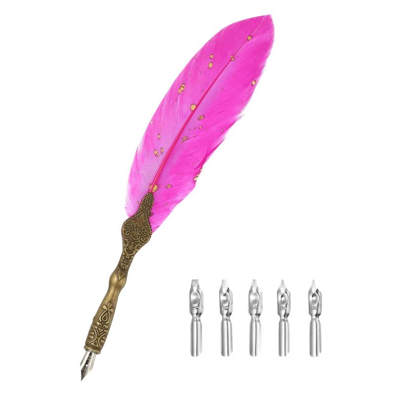 樂天商城 - PATIKIL 24.5cm/9.6" 習字用羽根ペン 5本 交換用ニブ付き ウェディング事務所ギフト用 ヴィンテージフェザーディップペン ローズレッド