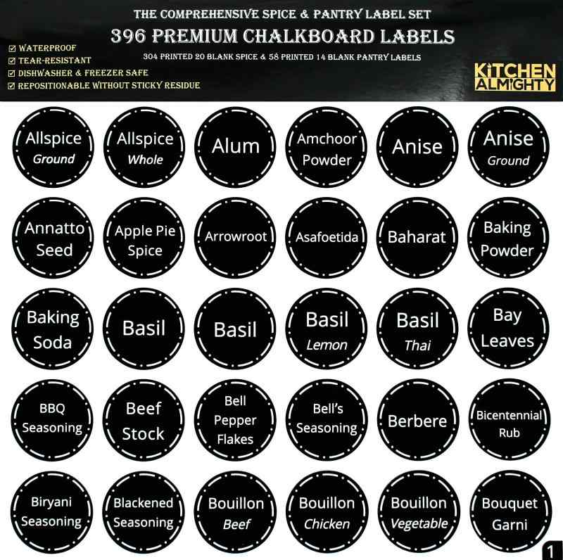 396 Printed Spice Jars Labels and Pantry Stickers: Chalkboard Round Spices Label 3.8cm &amp; Pantry Sticker 3" X 1.5"