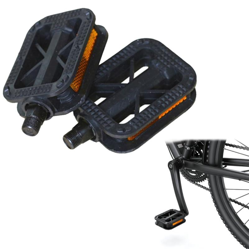 自転車ペダル 2 個セット フラットペダル 汎用 リフレクター付き 樹脂製 軽量 マウンテンバイク用 ブラック 自転車部品 ペダル交換用