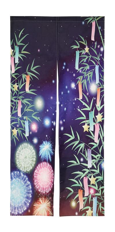 七夕 夏 のれん 暖簾 笹 飾り 短冊 天の川 花火 星空 ロング丈 180cm 和風 和モダン 突っ張り棒式 間仕切り 背景布 インテリア 布 目隠し