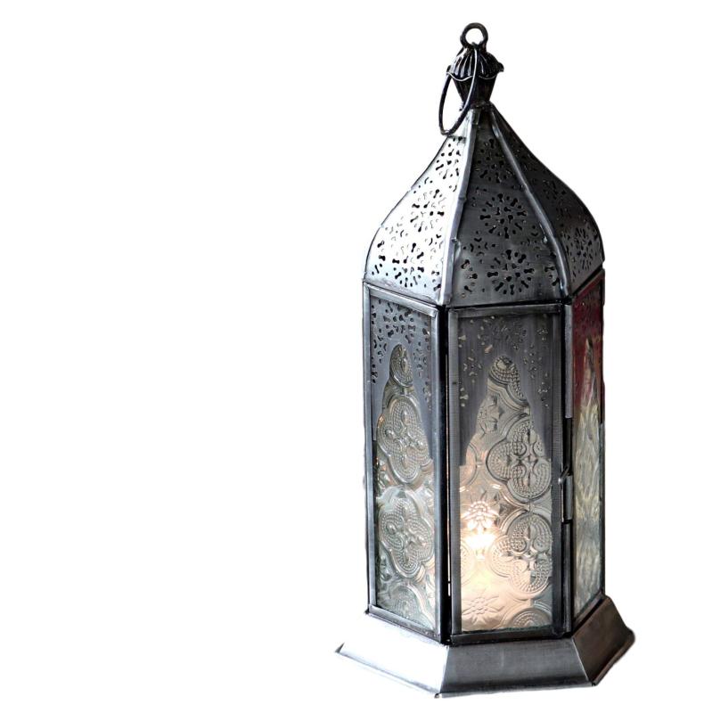 モロッコランタン・キャンドルホルダー 高さ24cm オリエンタルランプ6面のレリーフガラス Morocco Lantern Candle holder