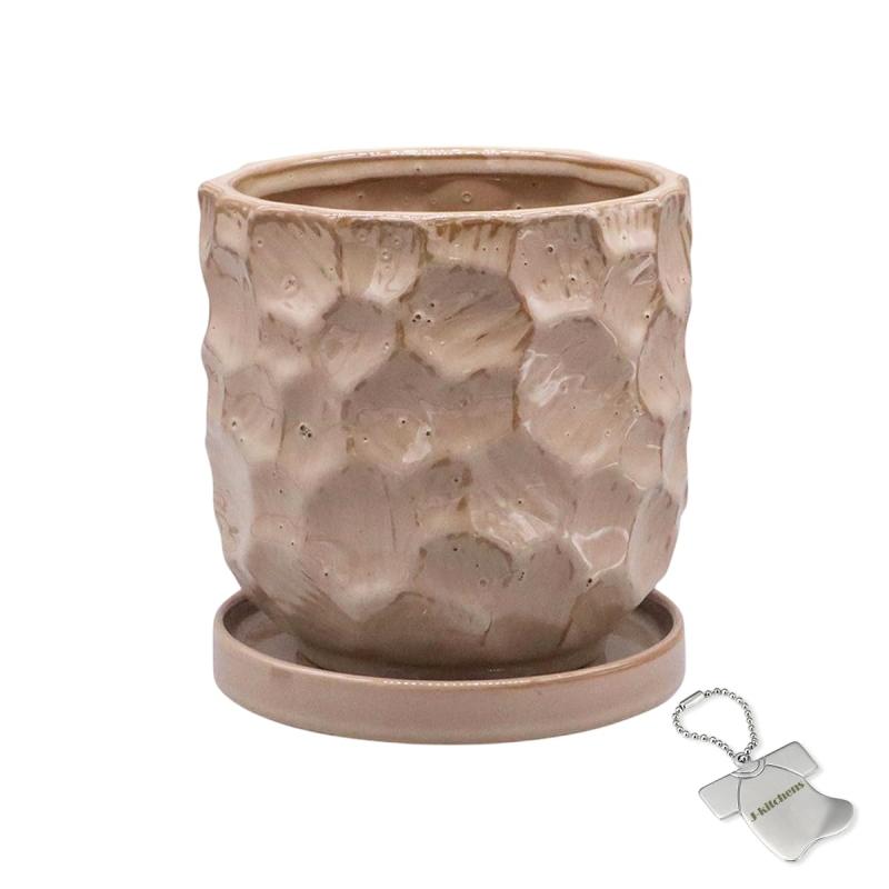 J-kitchens Select 置物 花瓶 陶器 植木鉢 手押し風 デザイン ポット ベージュ Φ14xH14cm オリジナルタグ付 P-563894