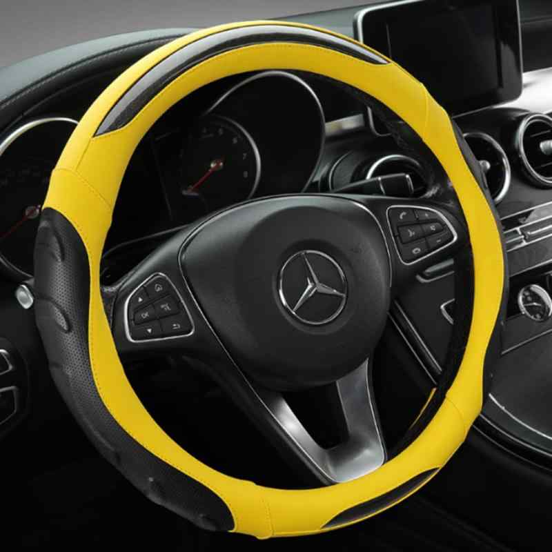 カーボンファイバー 車用ハンドルカバー、ステアリングホイールカバー、ハンドルカバー、ラウンドステアリングインテリアパーツサ38cm、快適、スタイリッシュ、耐久性、滑り止め、防汗
