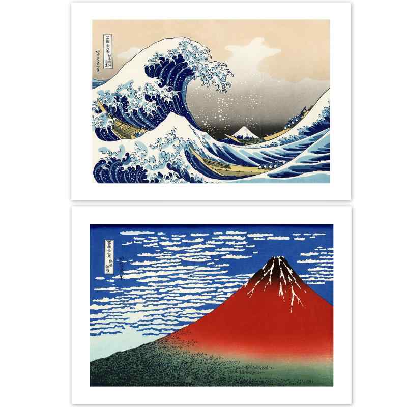 ポスター 葛飾北斎 『富嶽三十六景 神奈川沖浪裏 富嶽三十六景 凱風快晴(浮世絵)』 A3サイズ2枚セット【日本製 日本画】 [インテリア 壁紙用] 絵画 アート 壁紙ポスター