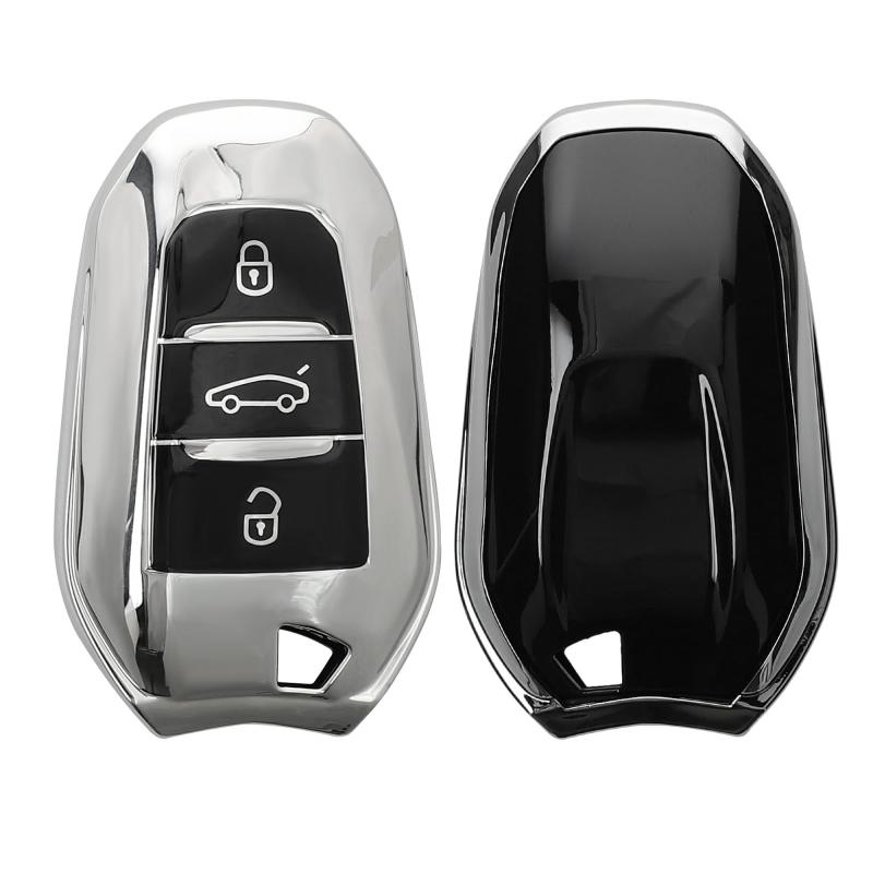 kwmobile Peugeot Citroen 3-ボタン 車のキー Smartkey (Keyless Go 対応機種のみ) 対応 キーケース - キーカバー 鍵カバー TPU 光沢仕上げ - 車鍵 耐衝撃 保護 光沢 シルバー