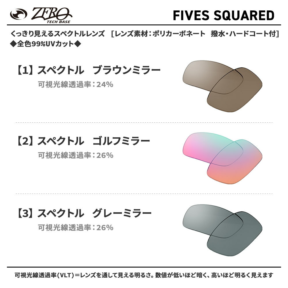 オークリー サングラス 交換レンズ ファイブス スクエアード OAKLEY FIVES SQUARED LENS ZERO TECH BASE製 互換レンズ 紫外線カット ハイコントラスト 2