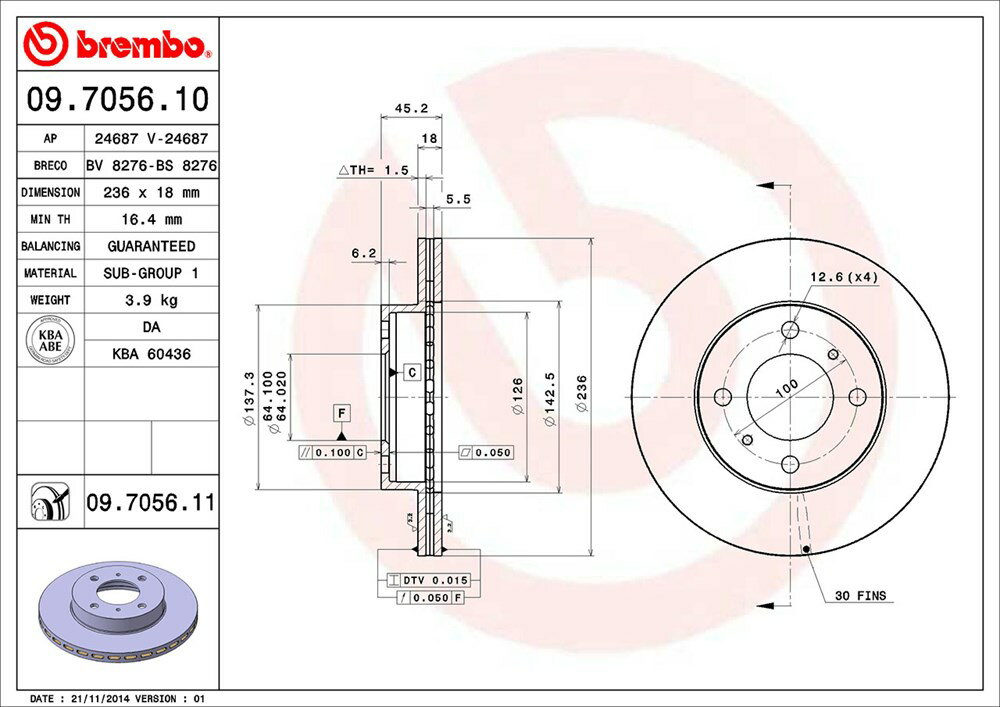 brembo ブレンボ ブレーキローター フロント用 ランサー CB1A CB2A CB3A H3.10〜H7.10 ABS付車 送料:全国一律無料