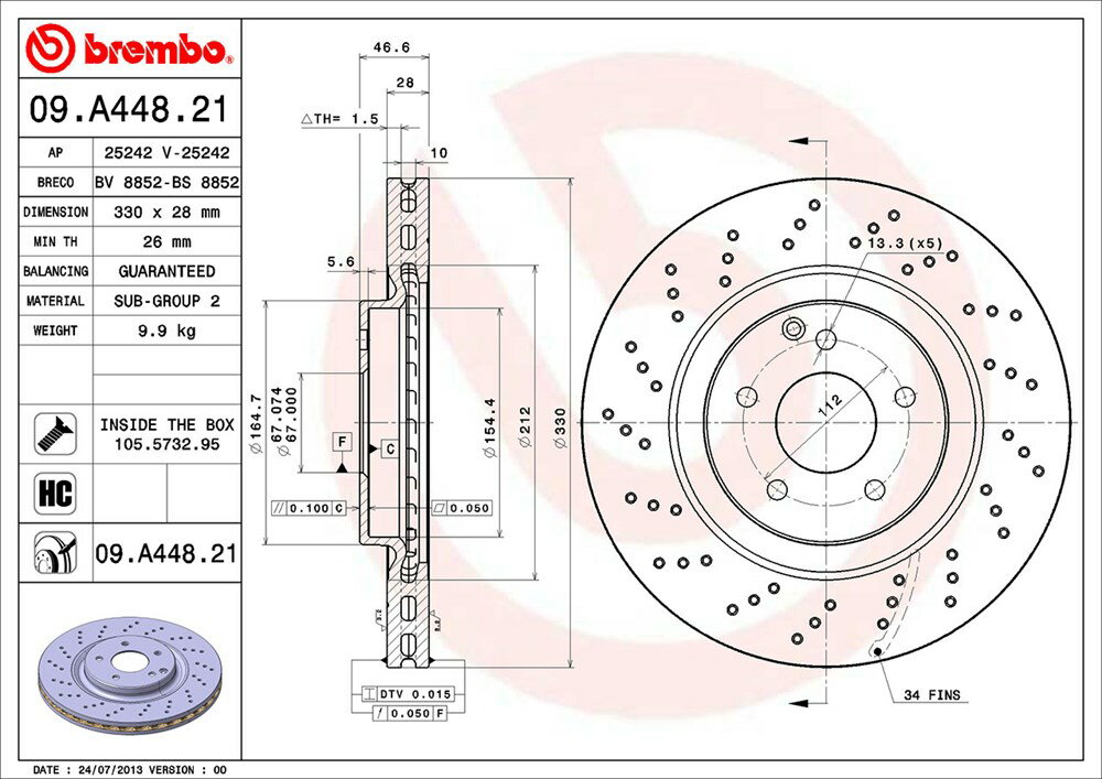 brembo ブレンボ ブレーキローター 1台分セット メルセデスベンツ Cクラス (W203) 203064 H13.7〜H16.5 C320 セダン スポーツパッケージ(フロント:4POT) 送料:全国一律無料