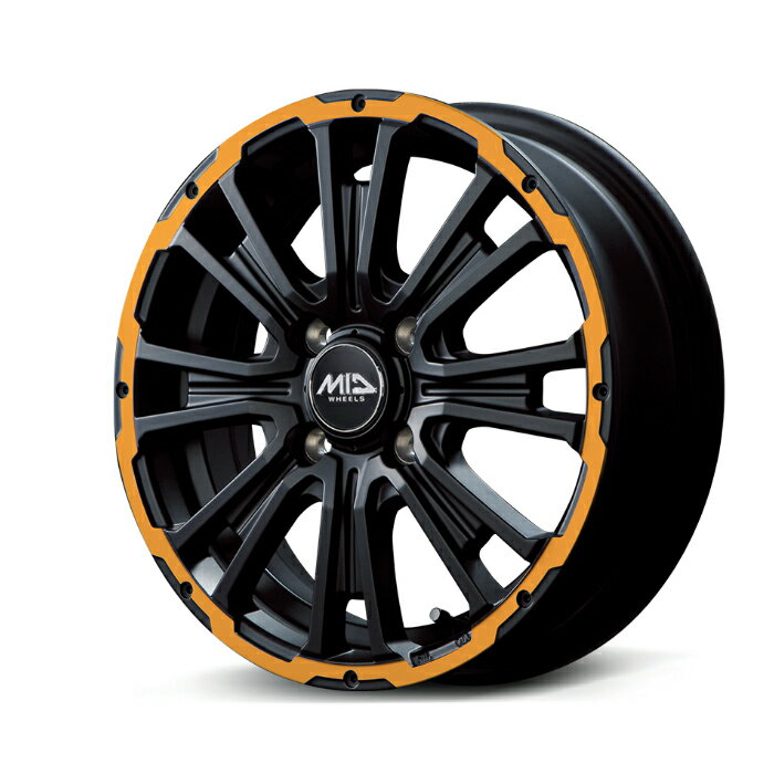 MID WHEELS GARCIA SS REVOLVER KC アルミホイール4本セット 14x4.5J 4H PCD100 +45 (ガルシア エスエス リボルバー ケーシー セミグロスブラック/リボルバーオレンジ)のサムネイル