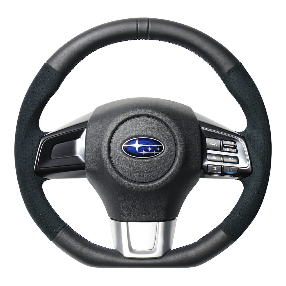 REAL レアル ステアリング Dシェイプ ブラックレザー[センターマーク]&ブラックウルトラスエード (ブルー×ブラックユーロステッチ) レヴォーグ VM4 VMG 2014年6月〜2020年10月