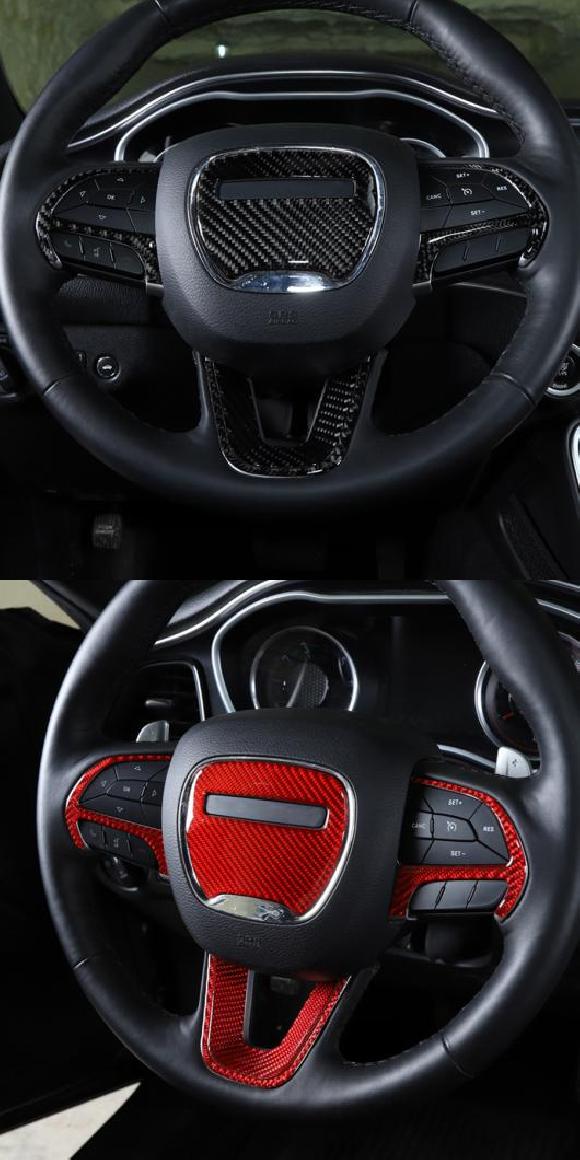 5ピース カーボンファイバー ステアリング ホイール トリム ステッカー 適用: ダッジ/DODGE チャレンジャー 2015-2019 ブラック・レッド AL-KK-6940 AL Car decorative parts