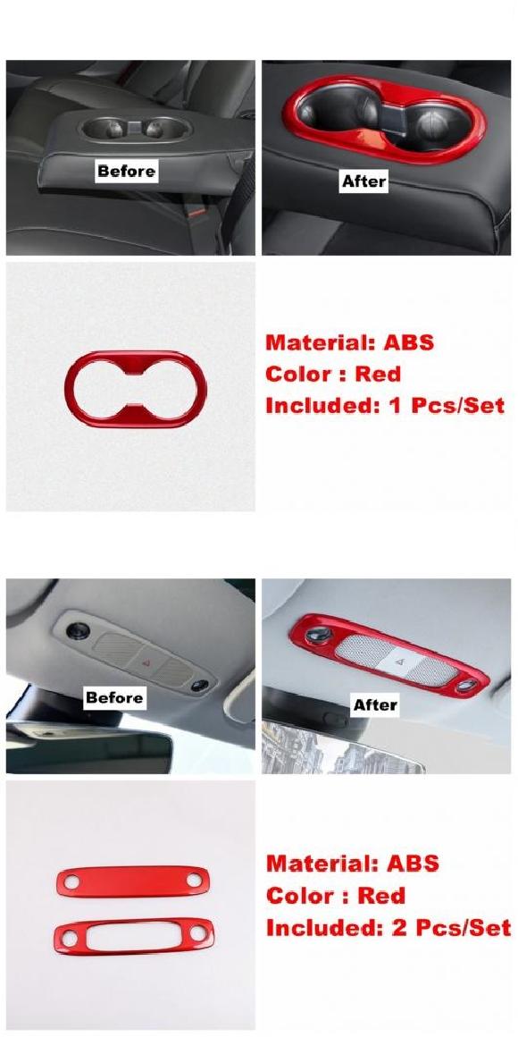 レッド インテリア キット ステアリング ホイール/リア エア AC/リード ランプ/カップホルダー カバー トリム 適用: テスラ/TESLA モデル 3 2018-2021 タイプE・タイプF AL-PP-1691 AL Interior parts for cars
