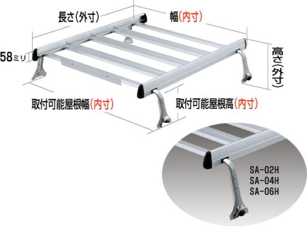 ロッキープラス SAシリーズ ルーフキャリア 三菱 デリカバン SK ハイルーフ 1999年10月～2011年10月 4本脚・ジョイントタイプ 雨ドイ挟み込みタイプ Roof carrier 2