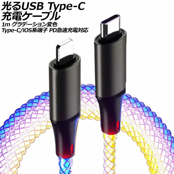 光るUSB Type-C充電ケーブル 1m グラデーション変色 Type-C/iOS系端子 PD急速充電対応 AP-UJ1061 Glowing charging cable