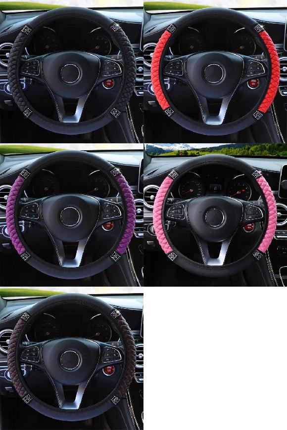 ユニバーサル ラインストーン クリスタル ステアリング ホイール カバー PU レザー ケース ブラック〜..