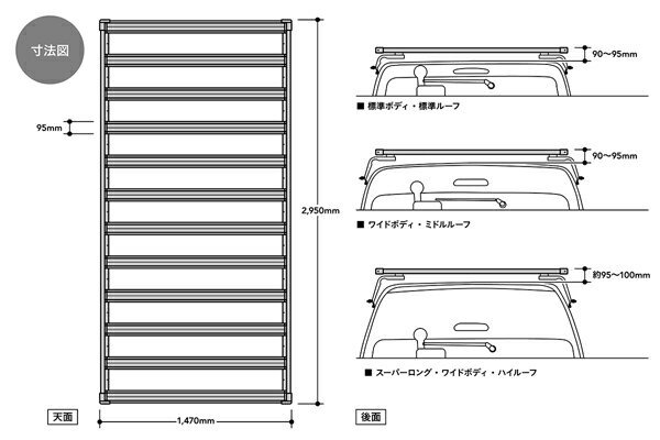 JAOS/ジャオス フラットラック 1470×2950 標準ルーフ用 B411810WL トヨタ ハイエース 200系 2004年08月〜