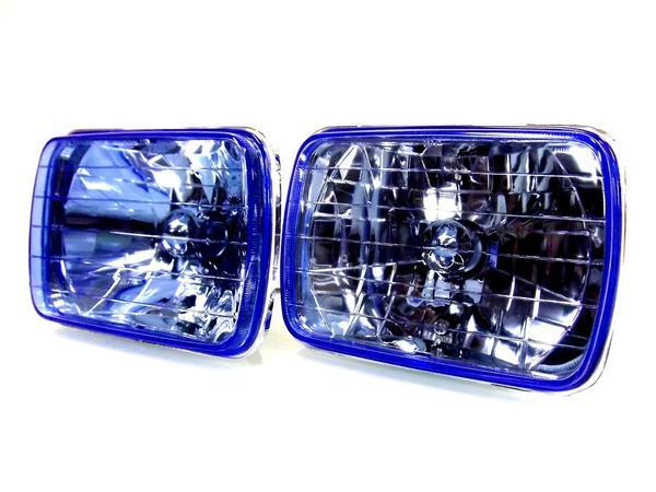 送料無料 汎用 角型 角灯 ブルー クリスタル ヘッドライト ガラスレンズ 青 裏側ゴムカバー 左右 フロントヘッドランプ ポジション付 H4流用 台湾製