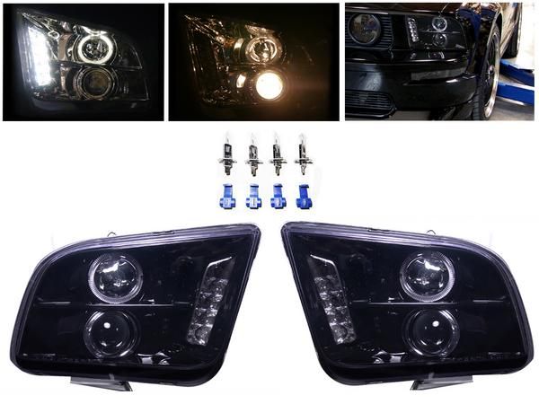 送料無料 特注日本光軸 フォード マスタング コンバーチブル 06-09y ブラック LED イカリング ヘッドライト 左右 セット ヘッドランプ ライト