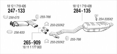 BMW E34 525i 12V Sedan 純正タイプ補修用マフラー 吊りゴム+金具