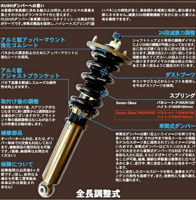 下記詳細を必ずお読みになり、ご注文をお願いします。AS商品コードRUSZ000013-002-00メーカーラッシュ商品説明等■ご注文・納期等について・商品名に、【在庫品】等の表記がない商品は、メーカー取り寄せ品になります。・ご注文受付後、全てのご注文に対し、納期のご連絡をしております。　(ご注文前の納期のお問い合わせは、ご注文時と納期が異なるトラブルが発生致しますのでお受けしておりません。)　(納期のみのご質問は、｢納期確認後に注文可否｣と記載の上、一旦ご注文のお手続きをお願い致します。)・弊社からの納期等ご案内メールに「ご返信をお願いします」とある場合は、　ご承諾のご返信を頂いてからの正式注文となります。■ご注文後のキャンセルや変更は不可となりますので、商品やカラー等、お間違い無いようお願い致します。　※商品写真は実際の商品とカラーやイメージが若干異なる場合もございます。　※商品名や説明等でご確認ください。■発送について・エアロパーツ・マフラー等の大型商品は、個人宅への直送が出来ません。　また、小さな商品でも、メーカーによっては個人宅直送不可の場合がございます。　発送先に、塗装・取付店等の業者様をご指定下さい。※発送先が自動車関連の業者様(整備工場やショップ等)の場合は、表示価格でご購入頂けます。(沖縄・離島は除く)・上記、発送先のご指定が難しい場合は、オートバックス店舗受取サービスもご利用頂けます。　店舗受取の場合、お引取り時に店舗レジにて、手数料￥880(税込)のお支払いが必要になります。■お届け商品について・塗装・加工・装着後の交換や返品は、理由を問わず一切お受けできません。※フィッティング不良やメーカー誤出荷の場合もお受けできませんので、　商品到着後1週間以内に、検品や仮合わせを必ずお願い致します。キーワードcresta GX100 GX105 JZX100 JZX101 JZX105 LX100 2JZ-GE 1JZ-GE 1JZ-GTE 1G-FE 2L-TEラッシュ RUSHSuspension kit adjustable サスペンションキット 車高調整 車高調 サスキット サス 足周り 足周 足回 足回り エアロパーツ チューニングパーツ アフターパーツ AEROご注文時の注意事項　　※必ずご確認ください！■【商品について】　※商品写真は実際の商品とカラーやイメージが異なる場合もございます。　　カラーやサイズは、画像と異なる場合がございます。再度、商品名や商品説明をご確認ください。■【納期について】　・納期は、ご注文後にご案内致します。　・商品名に、【在庫品】等の表記がない商品は、メーカー取り寄せ品になります。　　メーカー欠品時には、数ヶ月かかる場合もございますので予めご了承ください。　・お急ぎの場合は納期の確認をお願い致します。　　但し、ご注文前の納期のお問い合わせは、ご注文時と納期が異なる場合がございますので予めご了承ください。■【キャンセル・変更について】　・お客様都合によるキャンセルや変更は、お受け出来ませんのでご注意下さい！　　納期が遅い等によるキャンセルは一切お受けできません。　※メーカーの都合で、予告なく生産終了の場合は、キャンセルさせて頂く場合がございますのでご了承ください。■【発送について】　・エアロパーツ・マフラー等の大型商品は、個人宅への直送が出来ません。　　また、小さな商品でも、メーカーによっては個人宅直送不可の場合がございます。　　塗装・取付店等の業者様を発送先にご指定下さい。　・発送先のご指定が難しい場合は、オートバックス店舗受取サービスもご利用頂けます。　　店舗受取の場合、お引取り時に店舗レジにて、手数料￥880(税込)のお支払いが必要になります。　※沖縄・離島は、送料着払いもしくは、別途送料が追加になります。■【お届け商品について】　・塗装・加工・装着後の交換や返品は、理由を問わず一切お受けできません。　※フィッティング不良やメーカー誤出荷の場合もお受けできません。　　必ず、商品到着後1週間以内に、検品や仮合わせをお願い致します。クレスタ 100系 DAMPER KIT SEDAN CLASS PRO-Specメーカー：ラッシュ |