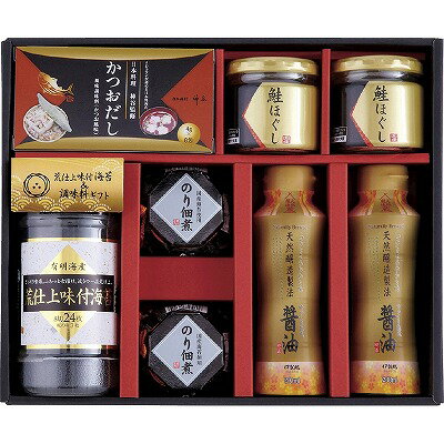 ●商品内容・サイズ：伊賀越天然醸造醤油（200ml）・のり佃煮（80g）・鮭ほぐし（50g）×各2、日本料理神谷監修かつおだし（4g×8）・味付のり（8切24枚）×各1 ●賞味期限（製造日から）：常温1年●アレルゲン：乳・小麦・えび●箱サイズ：25.3×30.5×8.3cmミシュランが認める日本料理店　神谷の味をご家庭でもお楽しみください メーカー希望小売価格はメーカーカタログに基づいて掲載しています。 ギフト対応 当店はギフト専門店です。 出産内祝・結婚内祝・引出物・快気祝・全快祝・新築内祝・成人内祝・入学内祝・初節句内祝等各種内祝をはじめ、就職祝い・敬老祝い・還暦祝い・退職祝い・退職記念等記念品や各種お祝い、香典返し、満中陰志、一周忌、三回忌・七回忌のお返し、母の日・早割 早期$その他様々なギフトシーンにもお使いください。 定番の贈り物・お祝い・お返し　内祝 内祝い 出産内祝い 命名内祝い 快気祝 快気内祝 全快祝　お見舞い お見舞御礼 お餞別入園内祝い 入学内祝い 卒園内祝い 卒業内祝い 就職内祝い 新築内祝い 引越し内祝い 開店内祝い ウェディングギフト ブライダルギフト 引き出物 結婚引き出物 結婚引出物 結婚内祝い二次会 披露宴 お祝い 御祝 結婚式 結婚祝い 出産祝い 初節句 七五三 入園祝い 入学祝い 卒園祝い 卒業祝い 成人式 就職祝い 昇進祝い 新築祝い 上棟祝い 引っ越し祝い 引越し祝い 開店祝い 退職祝い 快気祝い 全快祝い 初老祝い 還暦祝い 古稀祝い 喜寿祝い 傘寿祝い 米寿祝い 卒寿祝い 白寿祝い 長寿祝い 金婚式 銀婚式 ダイヤモンド婚式 結婚記念日 ギフト ギフトセット 成人式 初節句 粗品 記念品 二次会 景品 周年記念 コンペ景品 誕生日 贈答品 一周忌 三回忌 法事引出物 香典返し 初盆　新盆　 志 回忌法要 還暦御祝い 開店お祝い 退職 卒業記念品 お餞別 心ばかり 御返し お礼 御祝い 引越挨拶 引越御挨拶 挨拶 御挨拶 ごあいさつ ご挨拶 新築内祝 周年記念 ギフト 誕生日 季節の贈り物・各種お祝い・プレゼント　 お中元 お歳暮 御年賀　年賀 寒中見舞い 暑中見舞い 残暑見舞い 暦祝 還暦御祝 還暦お祝い 開店祝 開店御祝 開店御祝い 開店祝い 餞別 出産祝い 出産お祝い 御祝い ご出産御祝い 入学祝い 卒業祝い 就職祝い 引越し祝い 子供の節句 子供の日 ひな祭り　 七五三 セット 詰め合わせ 贈答品 ごあいさつ ご挨拶 御挨拶 プレゼント 引越し 引越しご挨拶 記念日 誕生日 父の日 母の日 敬老の日 記念品 卒業記念品 定年退職記念品 ゴルフコンペ コンペ景品 景品 賞品 粗品 ホワイトデー 七夕 ハロウィン 七五三 クリスマス　 ギフト対応について 　　こちらの商品はのし紙、ラッピング、メッセージカードをご指定いただけます。