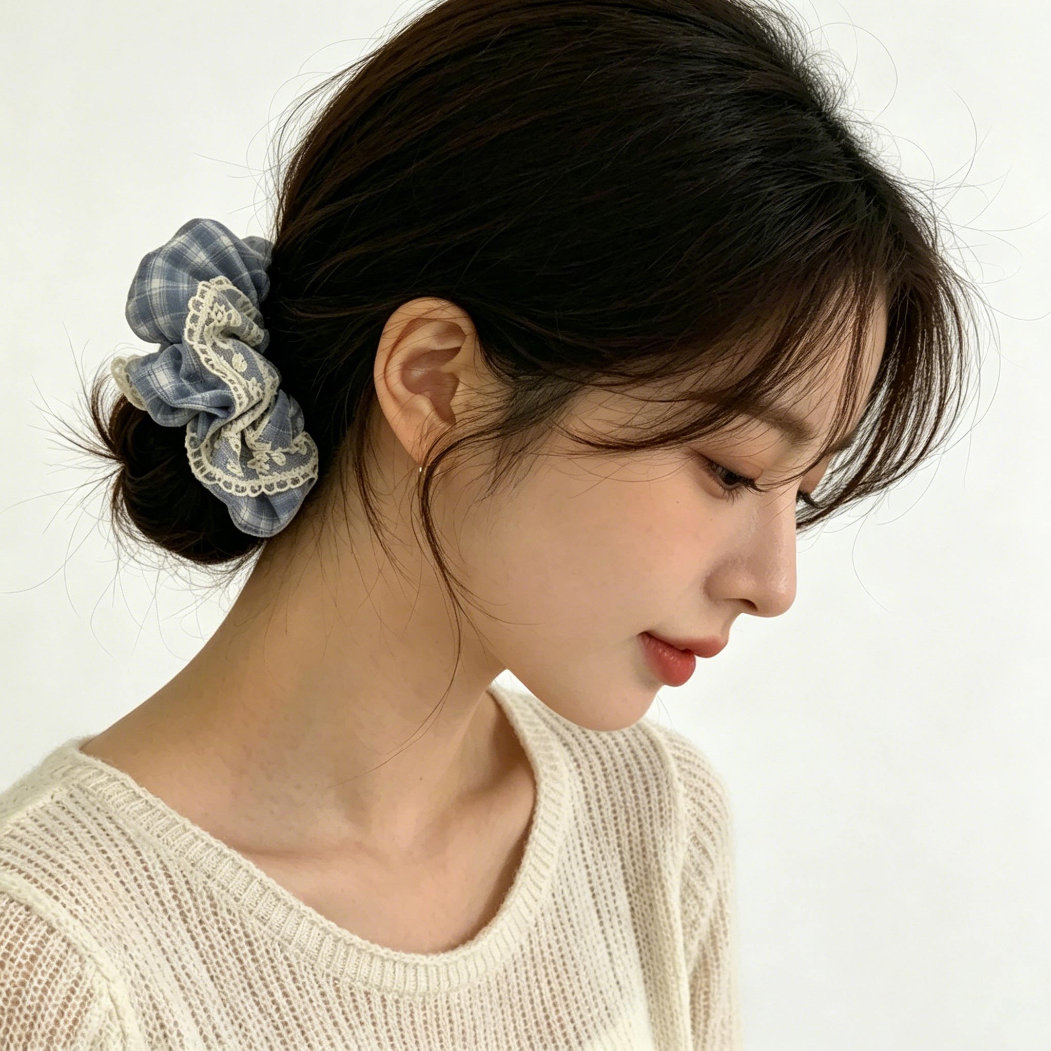 レース付き ビッグシュシュ パールリボン ヘアアクセサリー