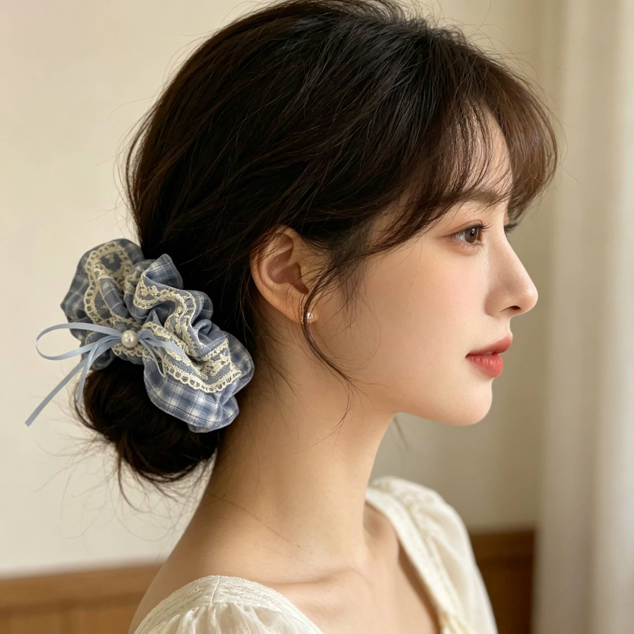 レース付き ビッグシュシュ パールリボン ヘアアクセサリー