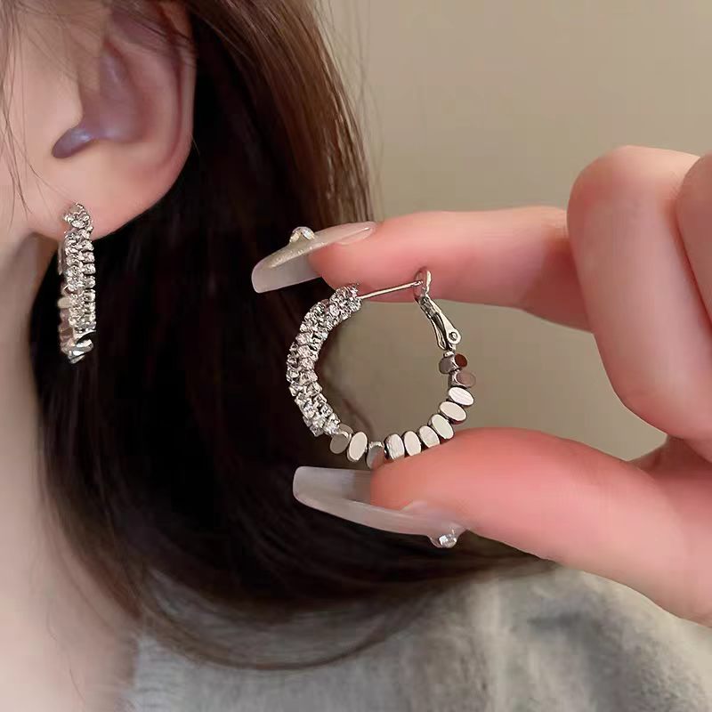 Rakuten - シルバー ビジュー × プレート フープピアス アクセサリー レディース 18K ホワイトゴールドメッキ