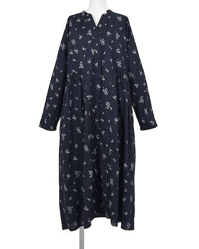 LILASIC リラシク フラワープリントワンピース フラワー プリント ワンピース 前開き 羽織 花柄 スキッパー ギャザー アイボリー グレー ネイビー M 綿 春 夏