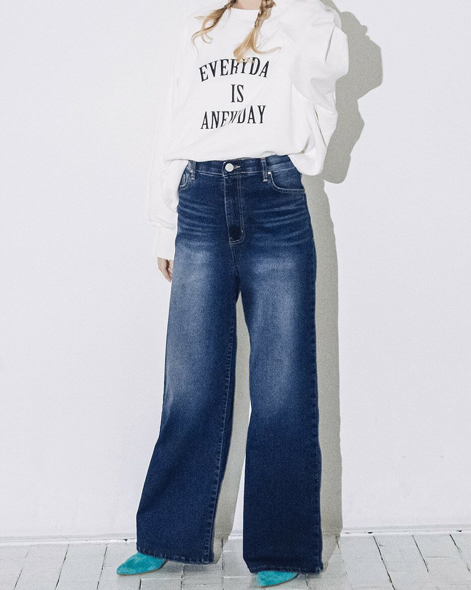 其它 - インディマーク INDIMARK ハイウエスト ワイド デニム ベーシックブルー M L ボトムス 綿 ポリウレタン ストレッチ素材 ウエスト裏面ゴム ストレスフリー オールシーズン 定番 カジュアル