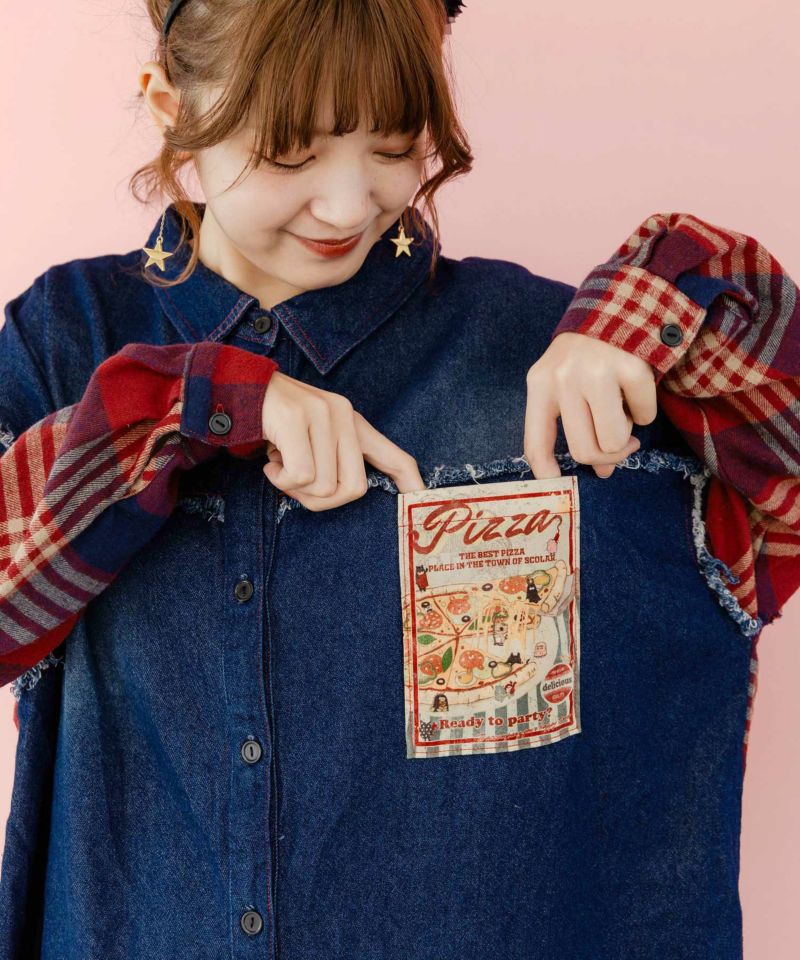 スカラー SCOLAR デニム チェック柄 切替 ピザ プリント シャツ ブラック ネイビー M トップス 綿 レーヨン ポリエステル ヴィンテージ風 軽アウター 羽織 古着風 おしゃれ かわいい 秋 冬 カジュアル