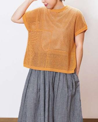 Crew Neck - ノースオブジェクト north object ノーザントラック NORTHENTRUCK パッチワーク スクエア ニット プルオーバー キナリ オレンジ グリーン M トップス 綿 メッシュ編み ゆったり プルオーバー サマーニット おしゃれ かわいい 春 夏 カジュアル