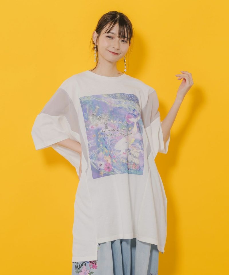 スカラー SCOLAR メルヘンな海とクジラ柄 シフォン 切替 チュニック オフホワイト ブラック ブルー M トップス 綿 ポリエステル アップリケ ゆったり カットソー プルオーバー おしゃれ かわいい 春 夏 カジュアル 半袖
