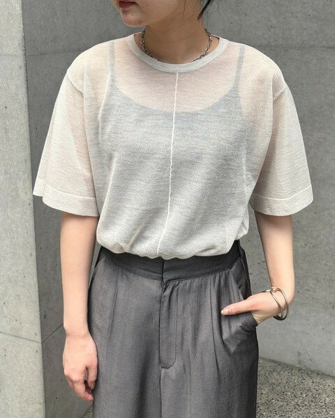Crew Neck - アンジェム &g'aime ラメ袖 フレアニット エクリュ ブラック モカ F フリー トップス レーヨン ポリエステル シアー感 5分袖 ゆったり 軽い 透け感有 薄い おしゃれ かわいい 春 夏 カジュアル