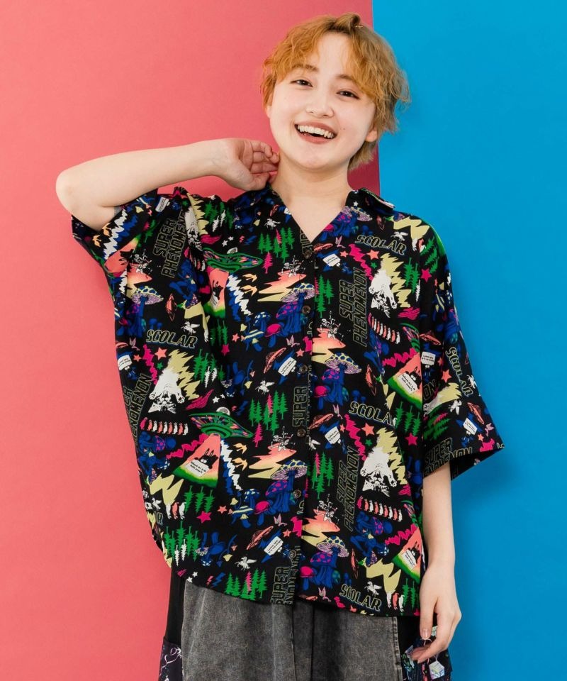 スカラー SCOLAR キノコ POP イチゴ柄 3柄展開 シャツ アイボリー ブラック グリーン M トップス ポリエステル 総柄 羽織 ゆったり 前開き 半袖 おしゃれ かわいい 春 夏 カジュアル